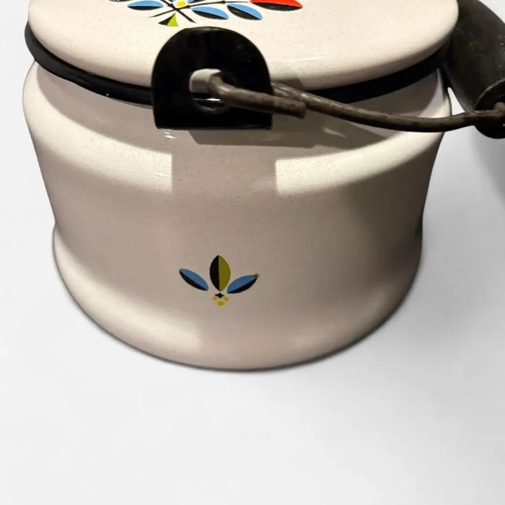 Vintage Retro White enamel tea kettle with fruit basket